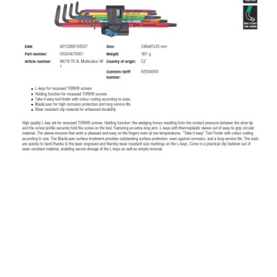 Wera 024470 9 Piece L Shape Long Arm Torx Key Set